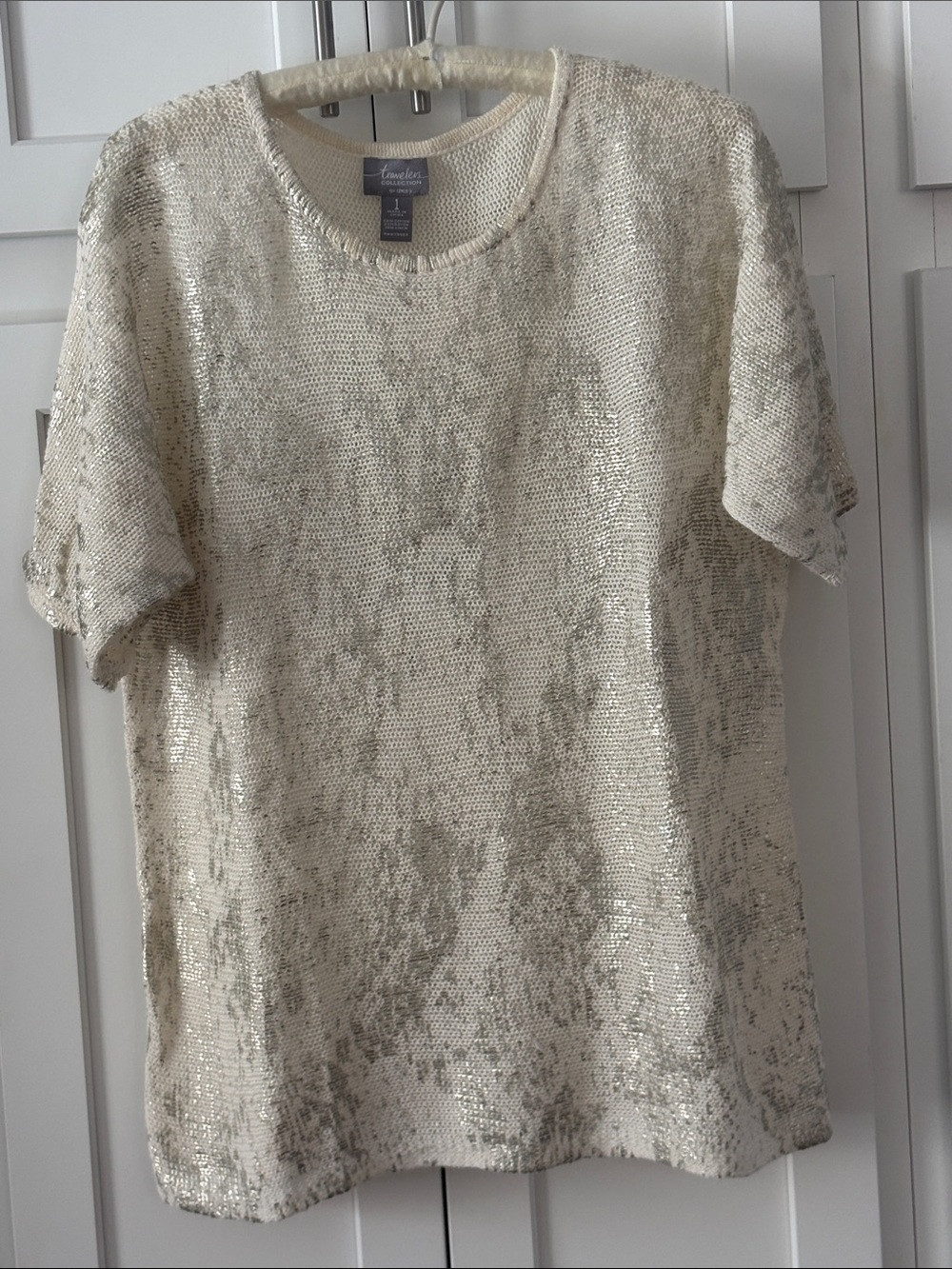 Chico's Cream Metallic Short-Sleeve Sweater
